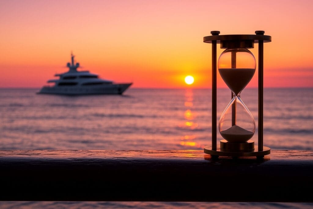 superyacht on horizon and egg timer